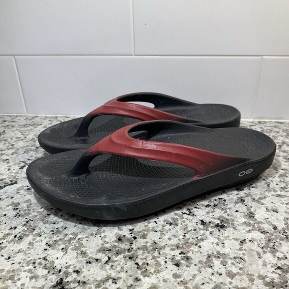 Oofos Oolala Women's Thong Sandals Size 11 Black Red Calypso Ombre Fade Recovery - Picture 3 of 8